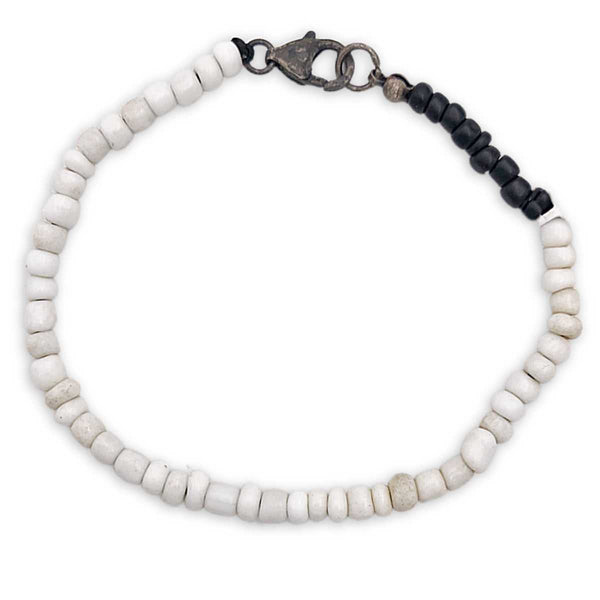 Black and white African bead bracelet with sterling silver