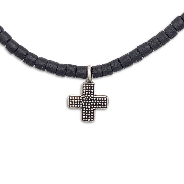 African Sandcast Beads with Sterling Cross Pendant