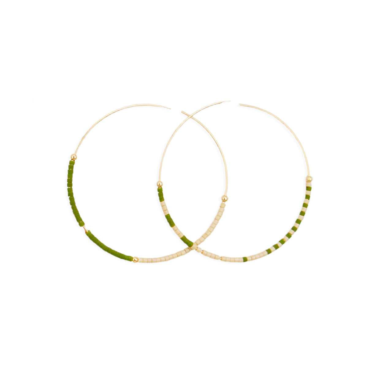 Avocado and Cream Glass Beaded Gold Filled Hoops