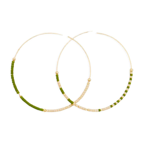 Avocado and Cream Glass Beaded Gold Filled Hoops