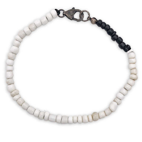 Black and white African bead bracelet with sterling silver
