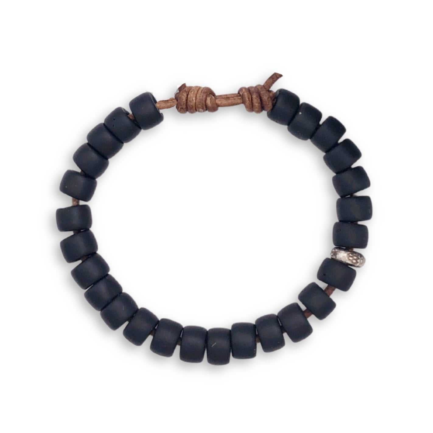 Black flat Sandcast African bead on leather