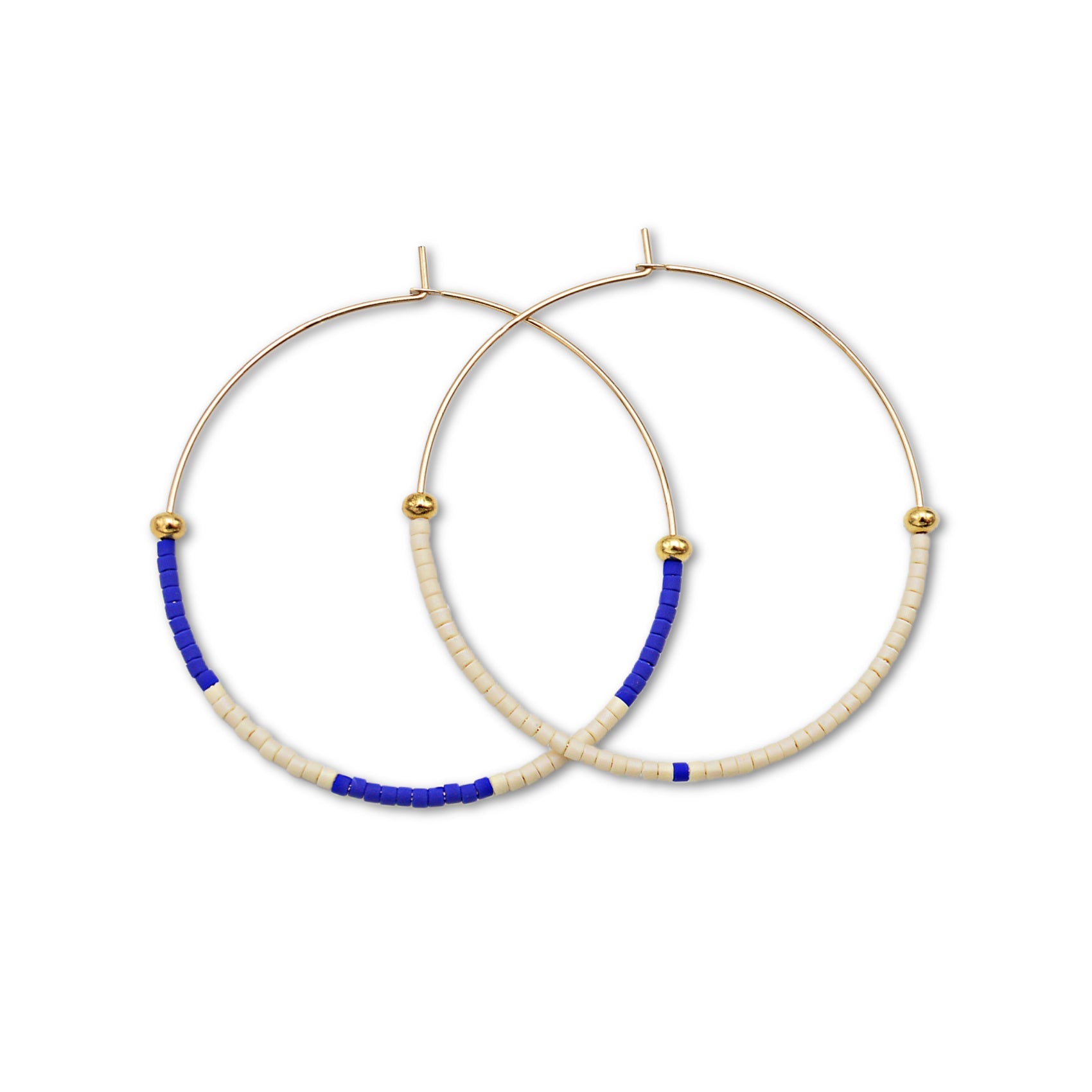 Cobalt Blue and White Delica Glass Beaded on gold filled hoops