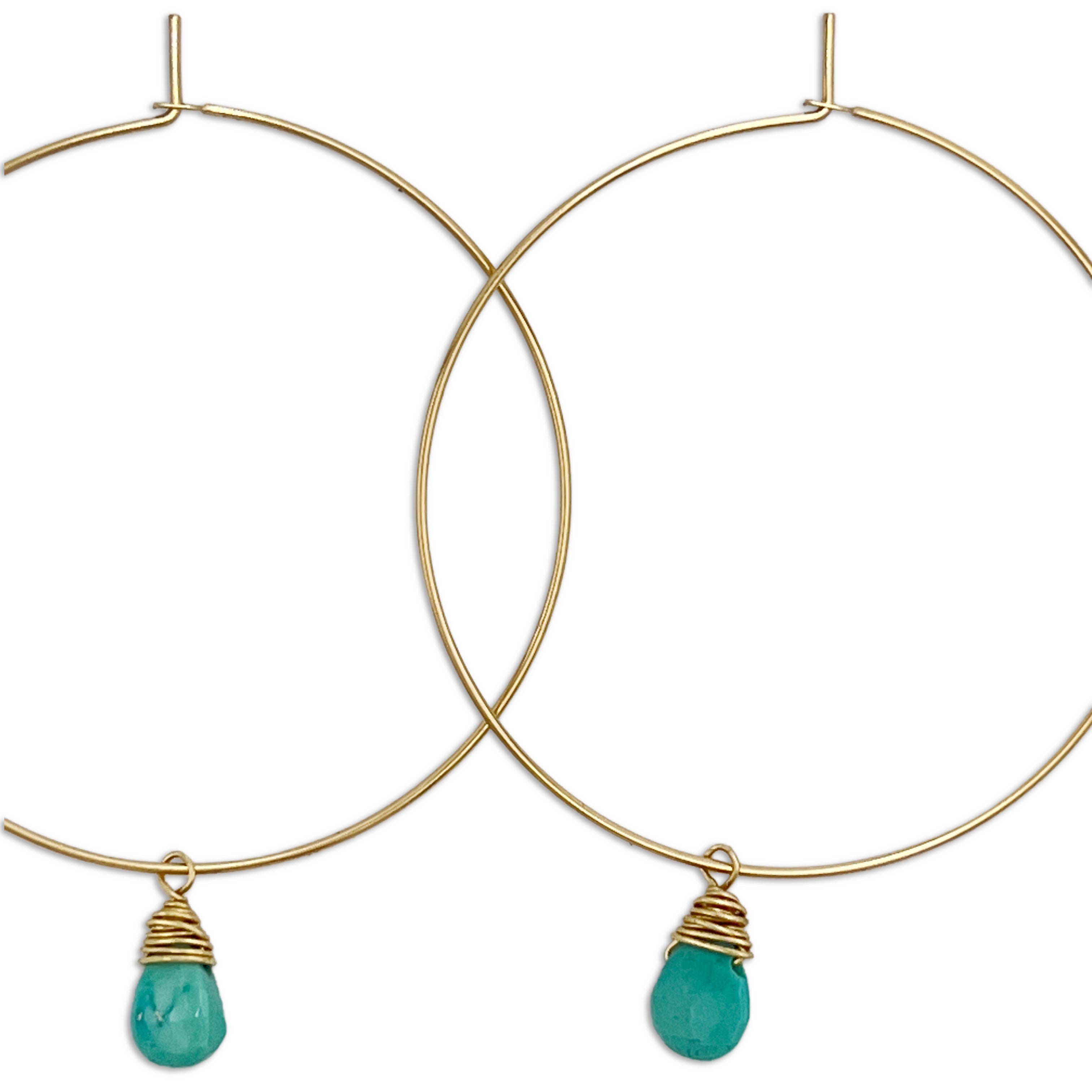 Gold Hoops with Wire Wrapped Turquoise