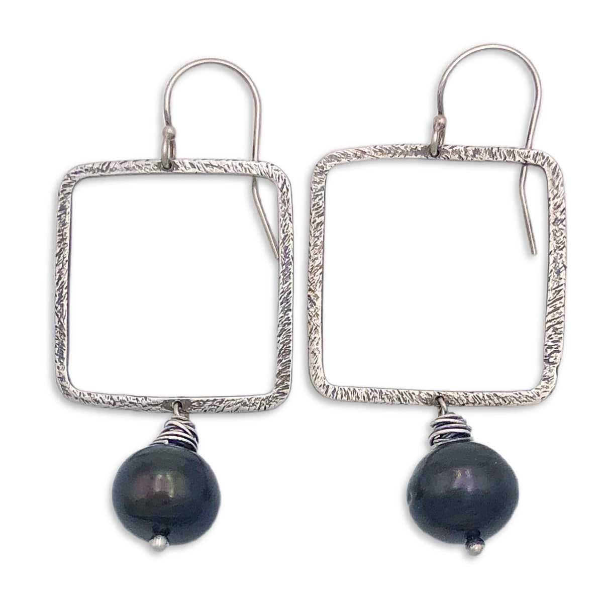 Hammered Square Black Pearl Earrings
