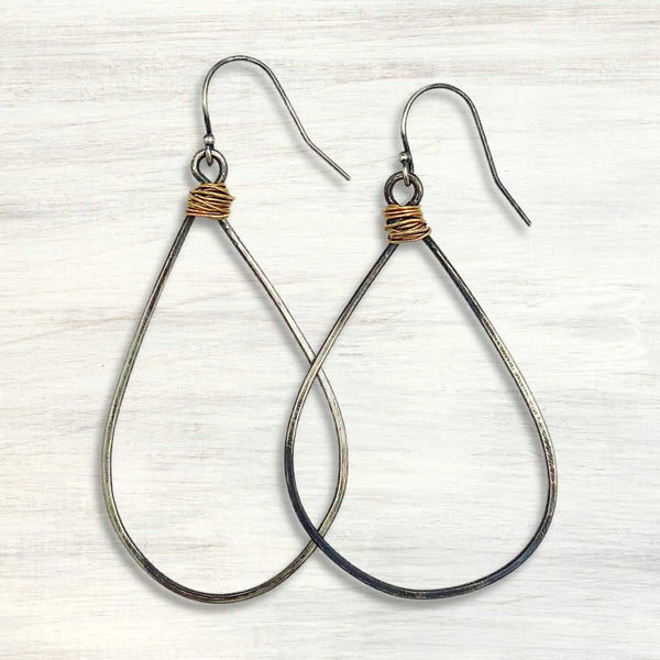 Hammered Teardrop Hoop Earrings with Gold and Silver