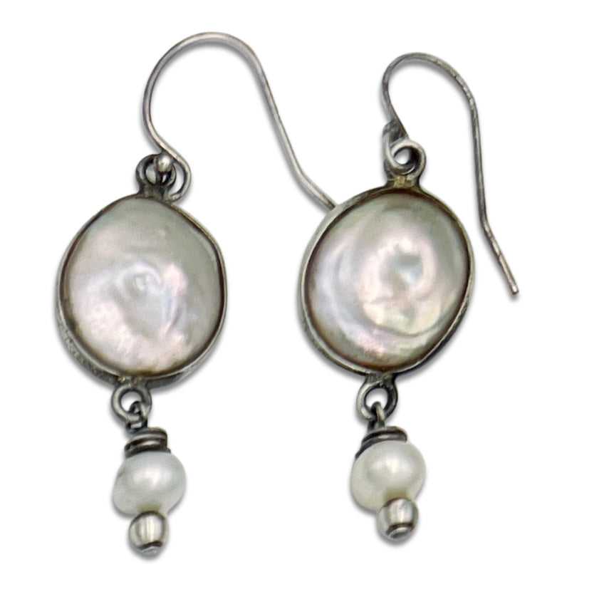 Large Coin Bezel Earrings with Pearl Drop