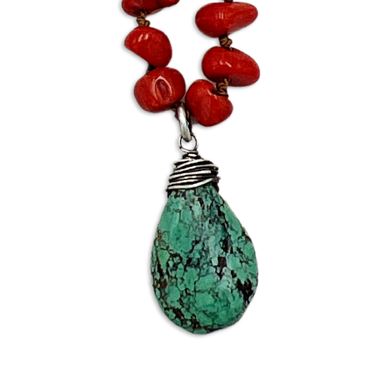 Hand Knotted Turquoise and Coral Necklace