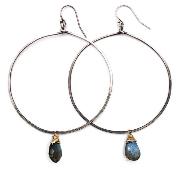 Oxidized, hammered Sterling Silver Hoops
