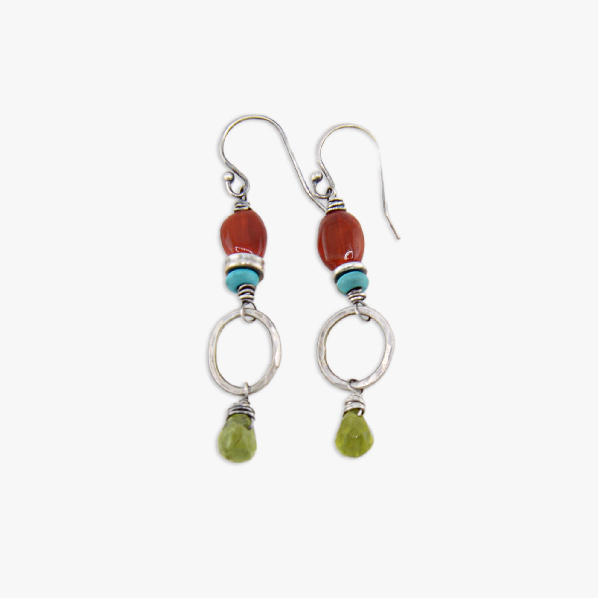 Peridot, Turquoise and Carnelian Dangle Earrings