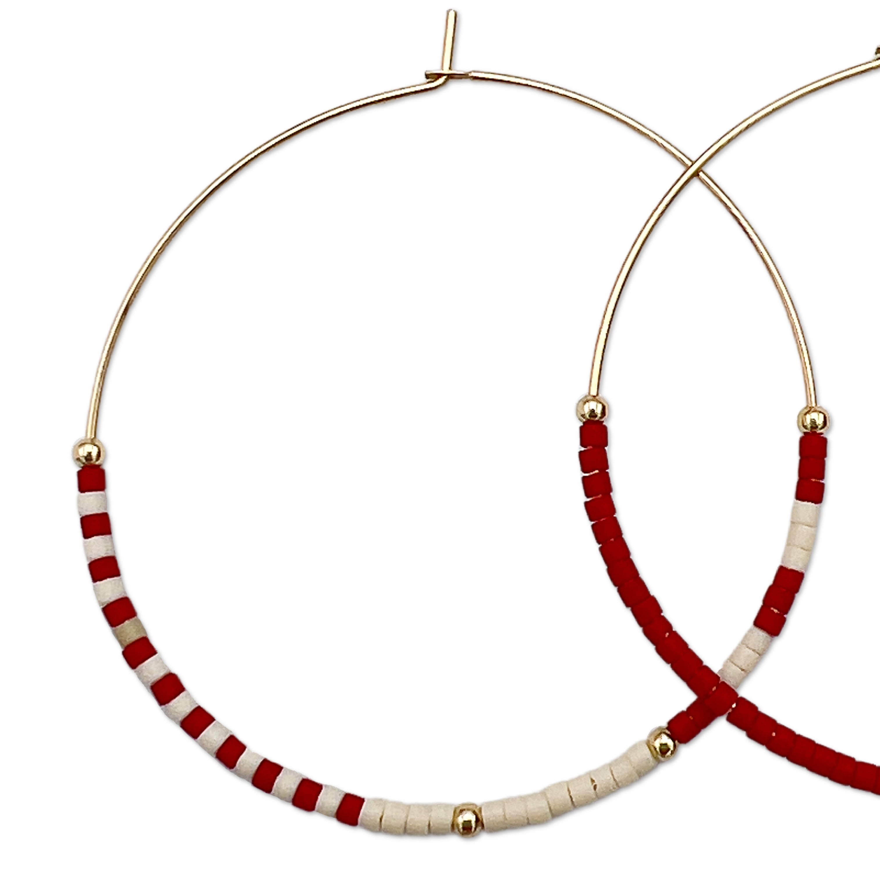Red and white gold filled hoops